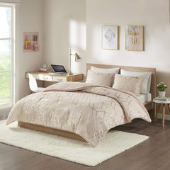 Ainsley Comforter Set-Geometric Metallic Print to Faux Fur Reverse Trendy All Season Hypoallergenic Bedding, Matching Sham, King, Blush 3 Piece (ID10-1763)