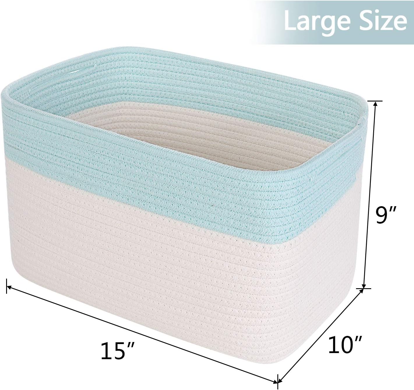 3PCS Woven Cotton Rope Storage Baskets with Handles Large Washable Laundry Basket Set Decorative Storage Bins Boxes Blanket Clothes Towel Organizer - White/Light Blue