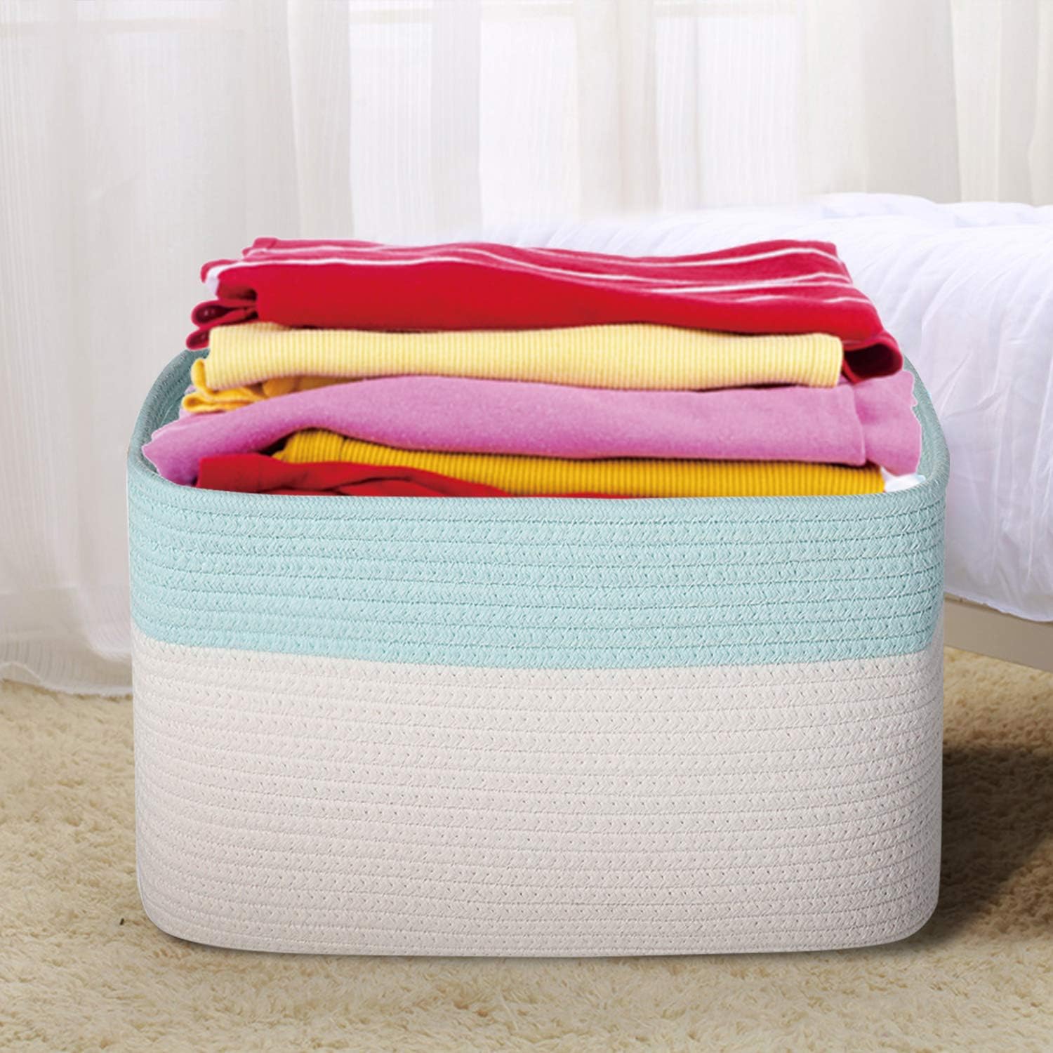 3PCS Woven Cotton Rope Storage Baskets with Handles Large Washable Laundry Basket Set Decorative Storage Bins Boxes Blanket Clothes Towel Organizer - White/Light Blue