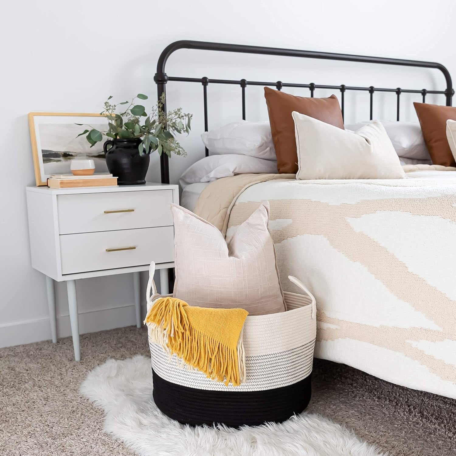 Large Woven Storage Basket for Blankets and Toys 20" X 13" Inch, Rope Laundry Basket with Handles, Cushions & Pillows Storage Bin, Nursery Hamper, Soft round Dog Toy Bin - Black/Off-White