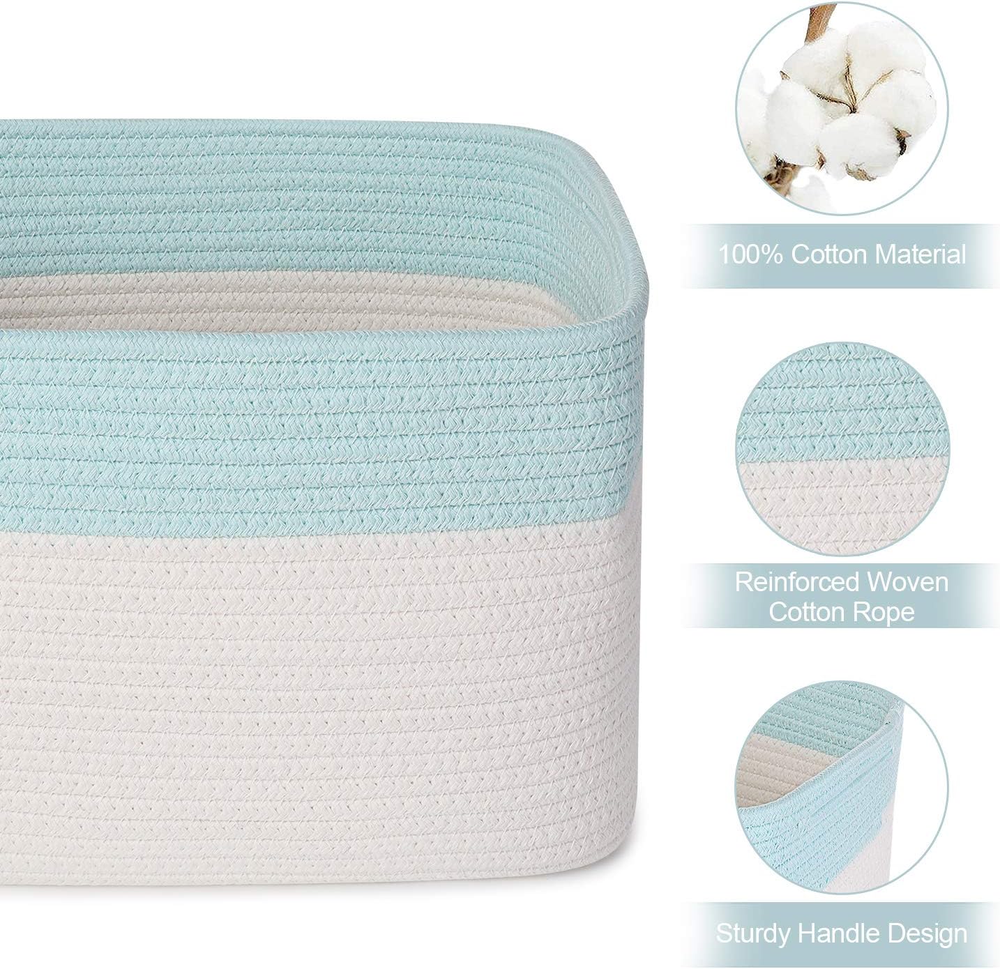 3PCS Woven Cotton Rope Storage Baskets with Handles Large Washable Laundry Basket Set Decorative Storage Bins Boxes Blanket Clothes Towel Organizer - White/Light Blue