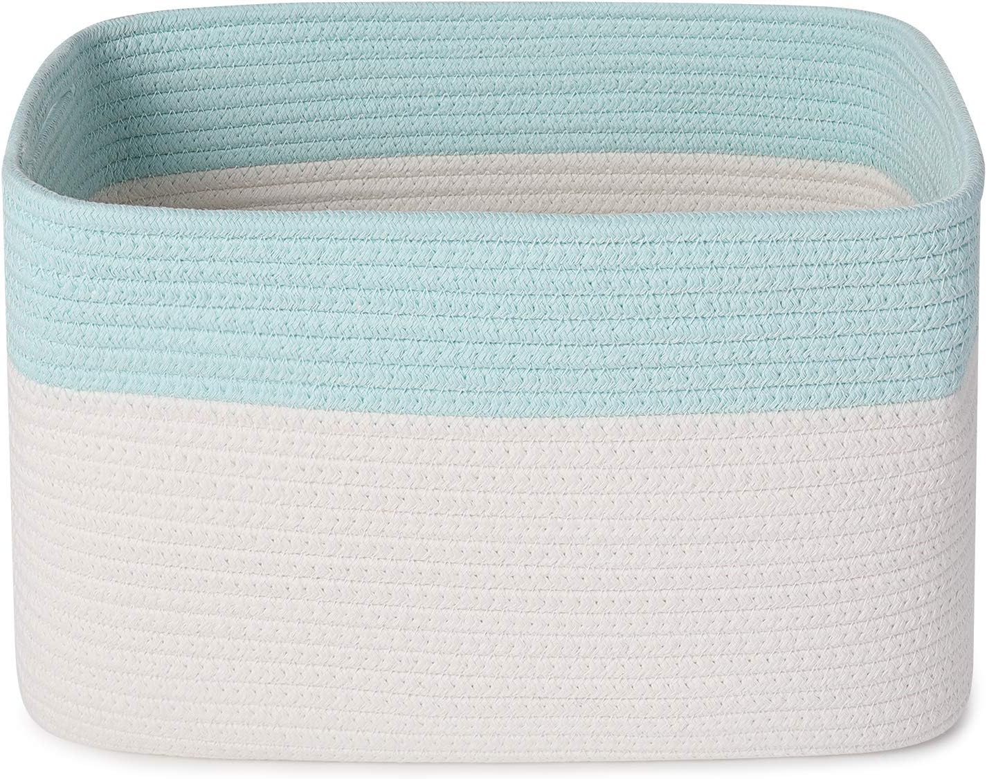 3PCS Woven Cotton Rope Storage Baskets with Handles Large Washable Laundry Basket Set Decorative Storage Bins Boxes Blanket Clothes Towel Organizer - White/Light Blue