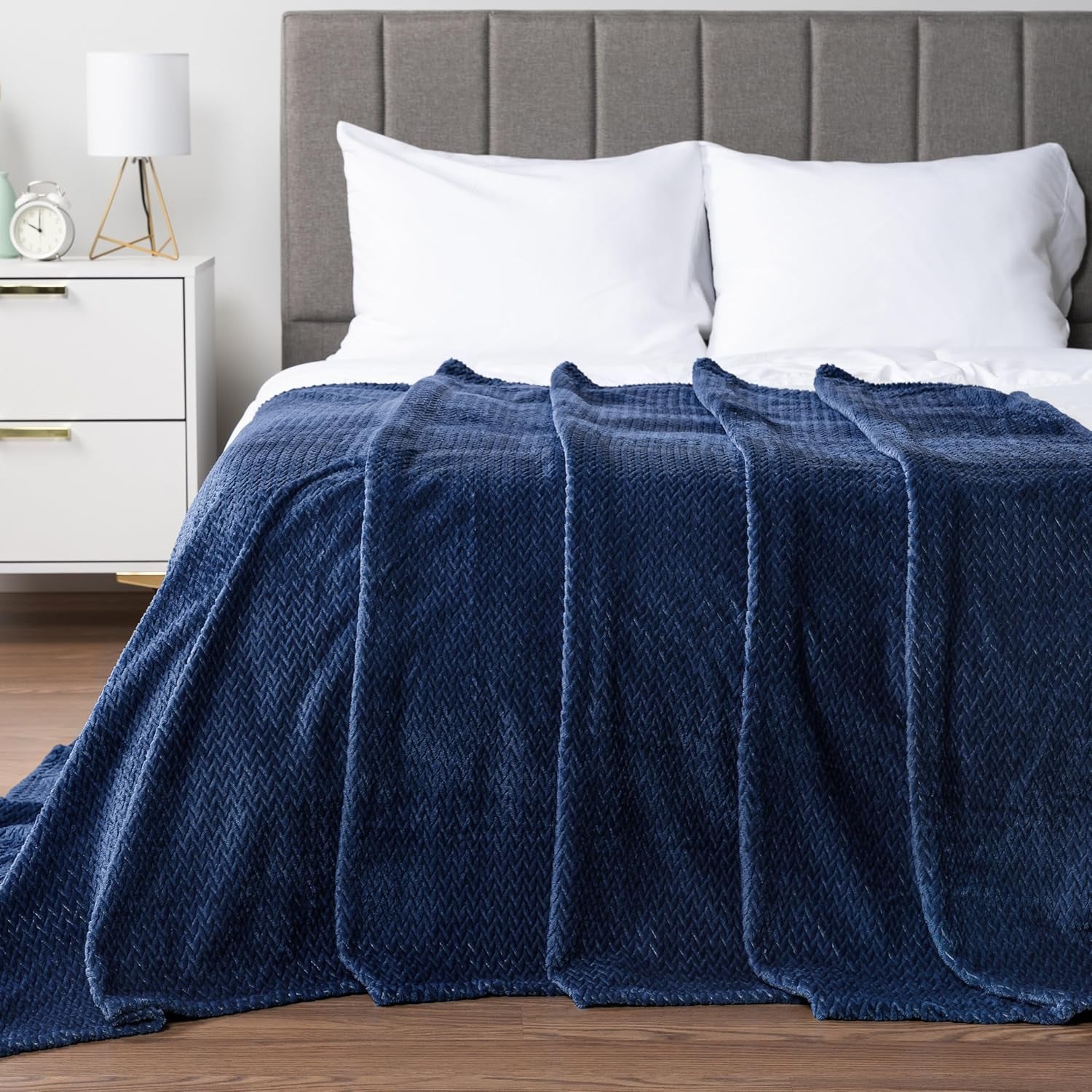 Soft Fleece Navy Blue Throw Blanket for Couch, Lightweight Plush Warm Blankets for Bed, Fuzzy Cozy Flannel Blanket Throw for Sofa, Travel, Jacquard Pattern, Navy Blue, 50X60 Inch