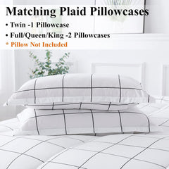 White Grid Comforter Set Queen(90X90Inch), 3 Pieces (1 Plaid Comforter and 2 Pillowcases) White Plaid Comforter Set, Lightweight Microfiber Gingham Geometric Comforter Bedding Set