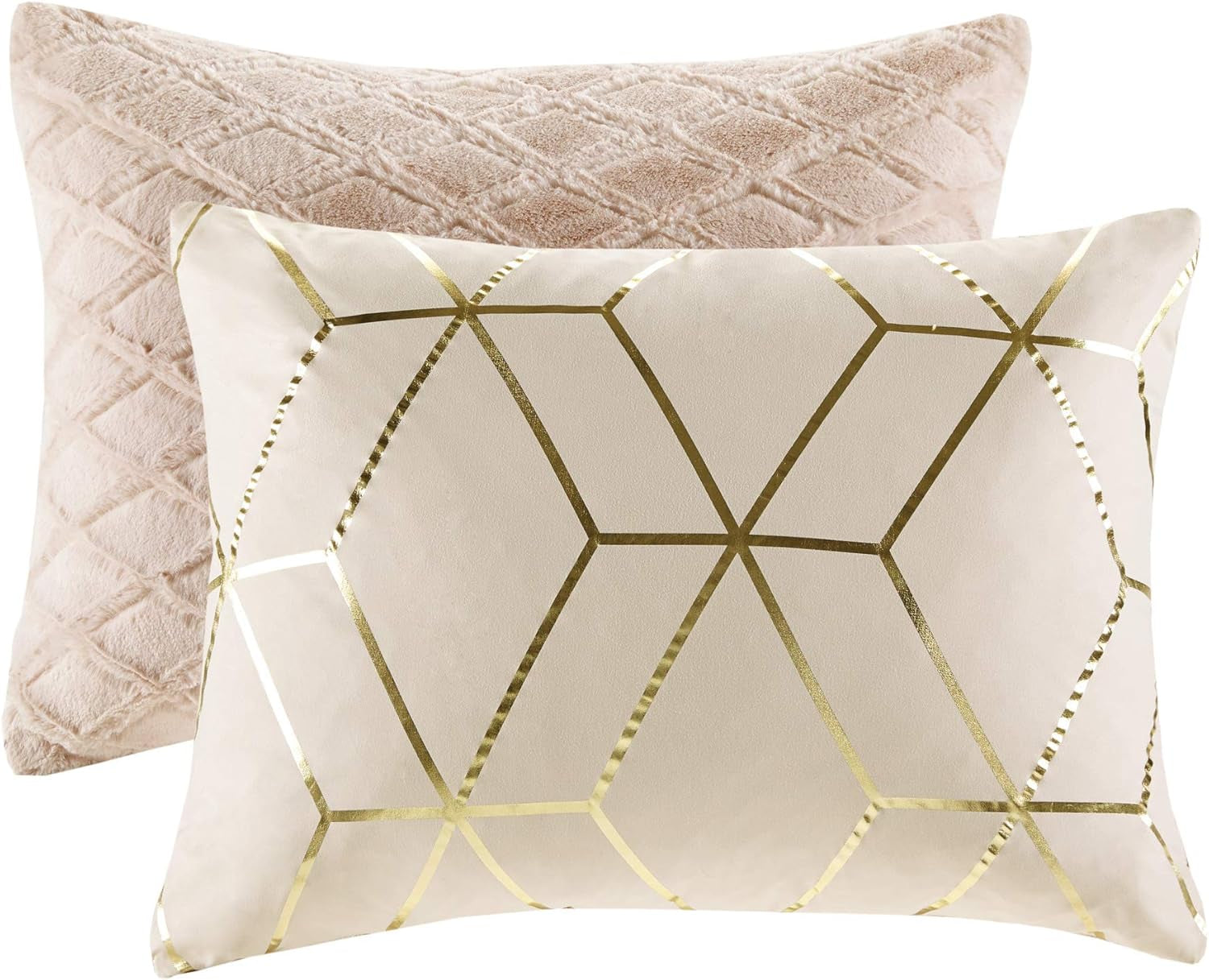 Ainsley Comforter Set-Geometric Metallic Print to Faux Fur Reverse Trendy All Season Hypoallergenic Bedding, Matching Sham, King, Blush 3 Piece (ID10-1763)