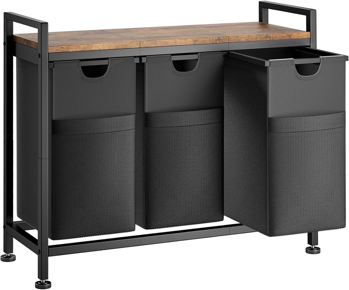 Laundry Basket, 142L Large Double, Freestanding Laundry Hamper 3 Section with Top Shelf & 3 Removable Washable Bags & Side Pockets for Dorm