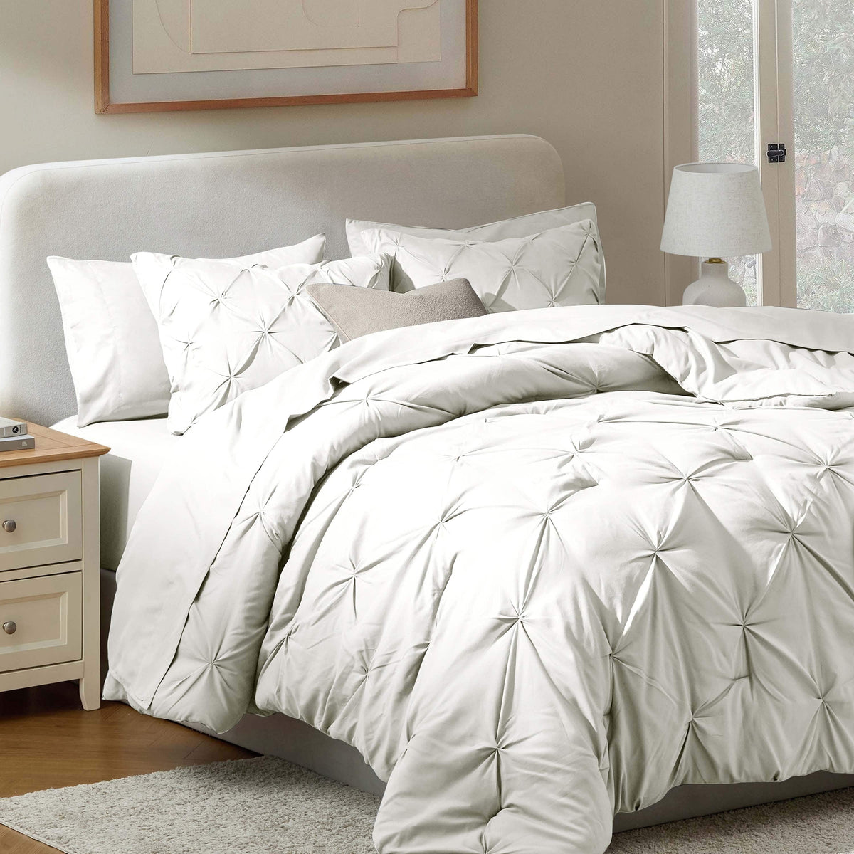 California King Comforter Set, Bed in a Bag 7 Pc Pleated Bedding Set,Off White