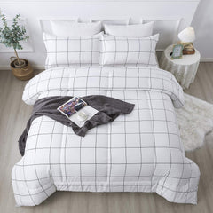 White Grid Comforter Set Queen(90X90Inch), 3 Pieces (1 Plaid Comforter and 2 Pillowcases) White Plaid Comforter Set, Lightweight Microfiber Gingham Geometric Comforter Bedding Set