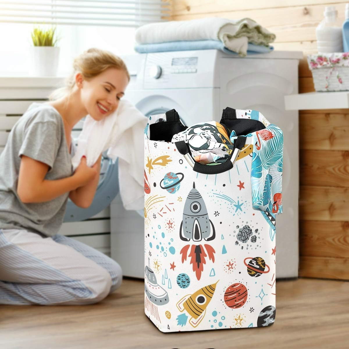 Cartoon Rockets Laundry Basket Clothes Hamper Collapsible Durable Dirty Clothes Large Storage Laundry Organizer