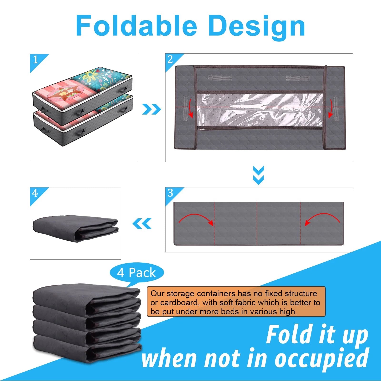 4 Pack under Bed Storage Bags with Reinforced Handles,75L Visible Underbed Storage,Breathable Non-Woven Closet Storage for Blanket, Pillows, Comforters and Quilts