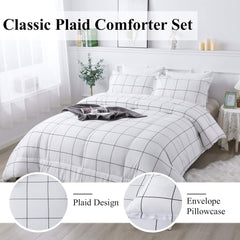 White Grid Comforter Set Queen(90X90Inch), 3 Pieces (1 Plaid Comforter and 2 Pillowcases) White Plaid Comforter Set, Lightweight Microfiber Gingham Geometric Comforter Bedding Set
