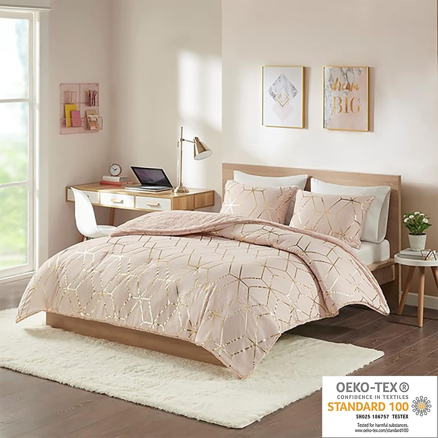 Ainsley Comforter Set-Geometric Metallic Print to Faux Fur Reverse Trendy All Season Hypoallergenic Bedding, Matching Sham, King, Blush 3 Piece (ID10-1763)