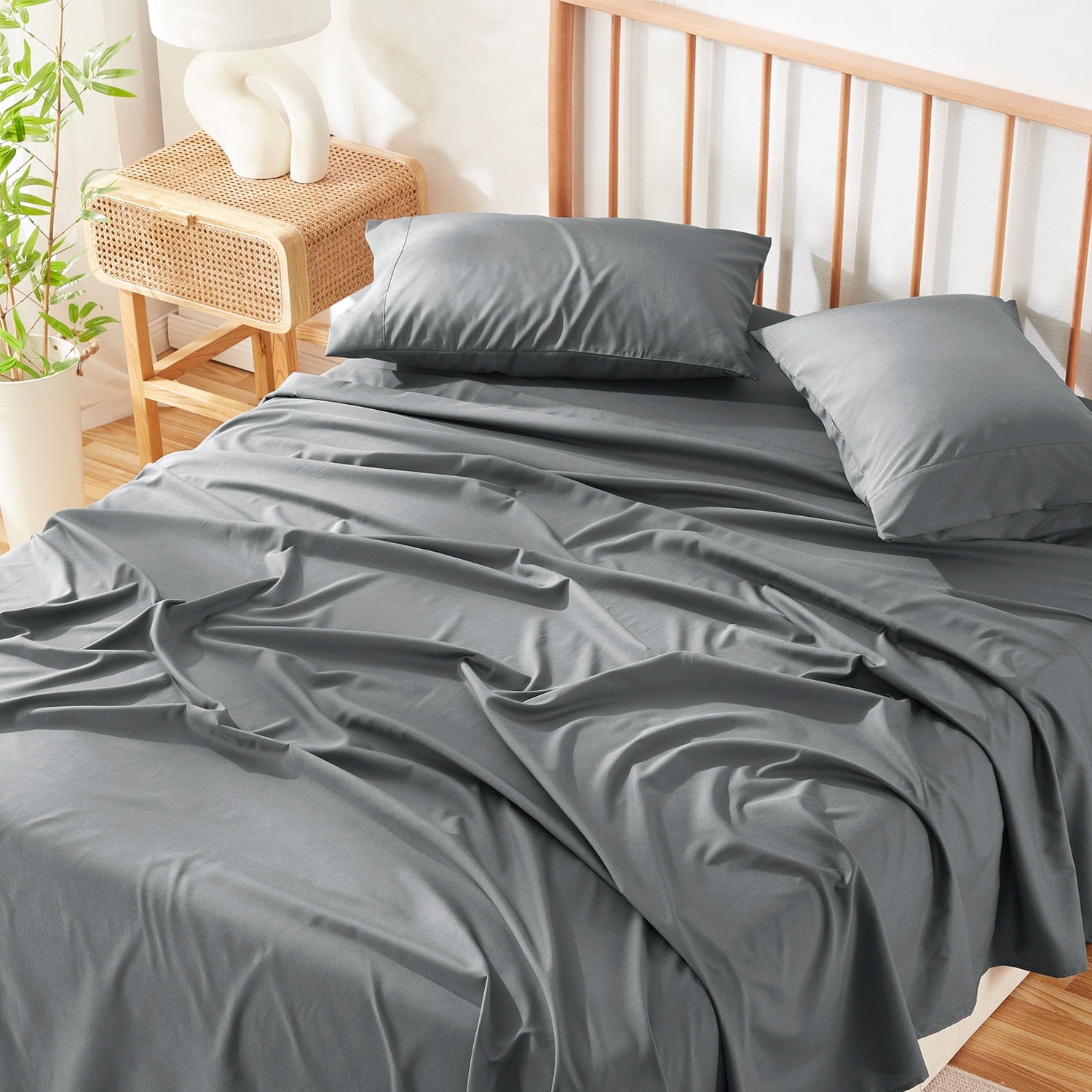 Bed Sheets Set, Deep Pocket Rayon Derived from Bamboo & Microfiber Cooling 4 Piece California King Sheets Sets, Gray
