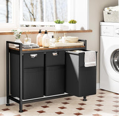 Laundry Basket, 142L Large Double, Freestanding Laundry Hamper 3 Section with Top Shelf & 3 Removable Washable Bags & Side Pockets for Dorm