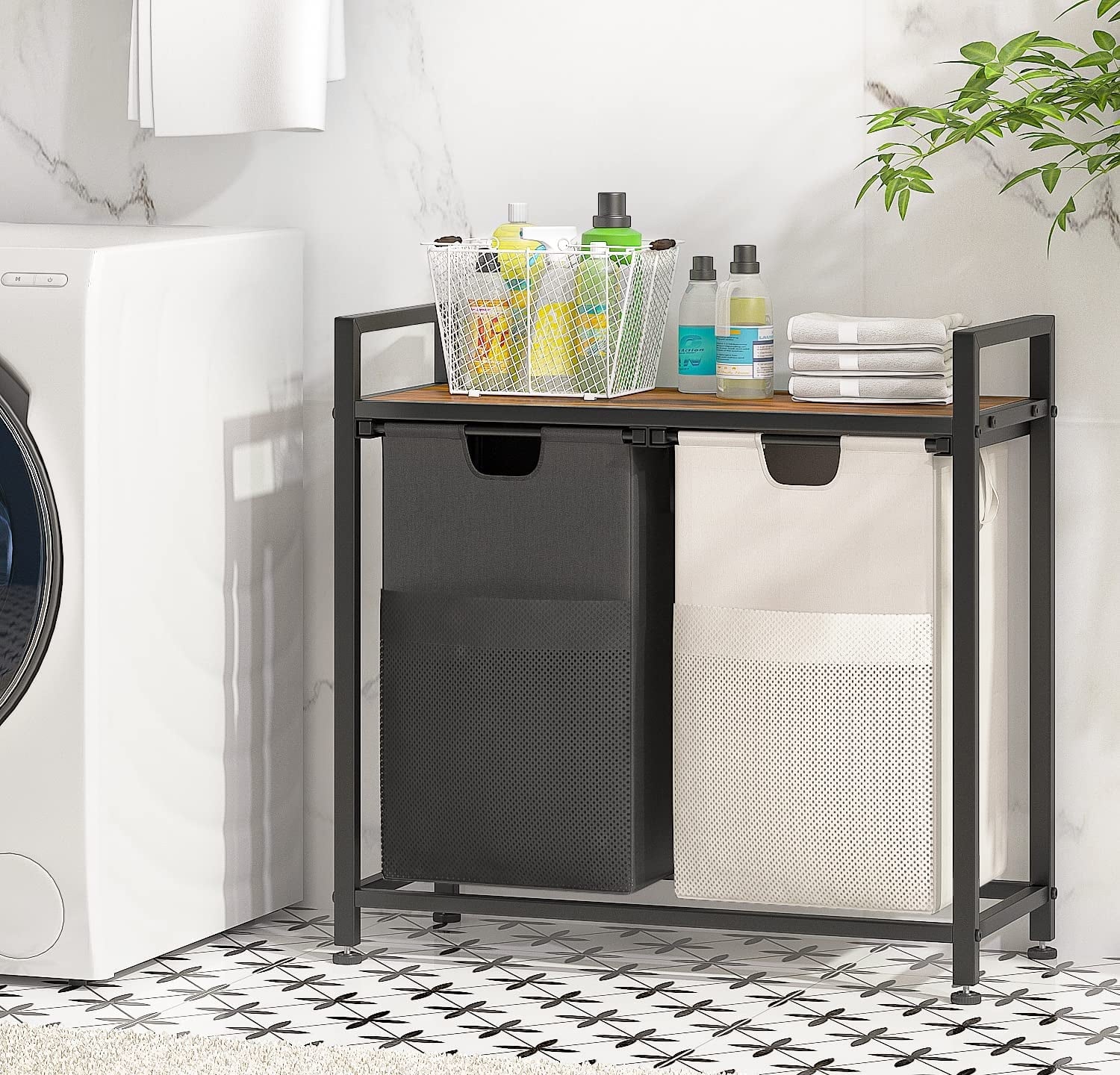 Laundry Hamper, 112L Large Double Laundry Basket, Freestanding Laundry Sorter Organizer 2 Section with Top Shelf & 2 Removable Washable Bags & Side Pockets for Dorm