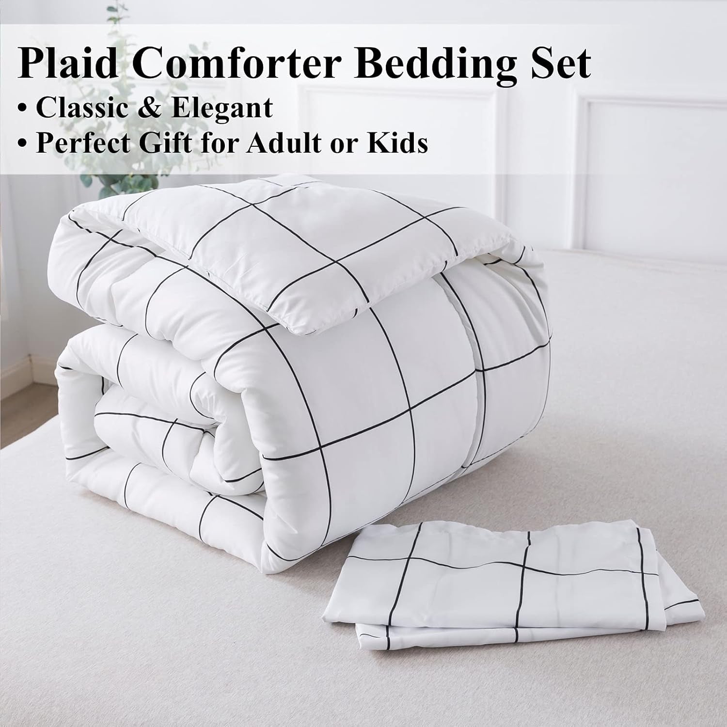 White Grid Comforter Set Queen(90X90Inch), 3 Pieces (1 Plaid Comforter and 2 Pillowcases) White Plaid Comforter Set, Lightweight Microfiber Gingham Geometric Comforter Bedding Set