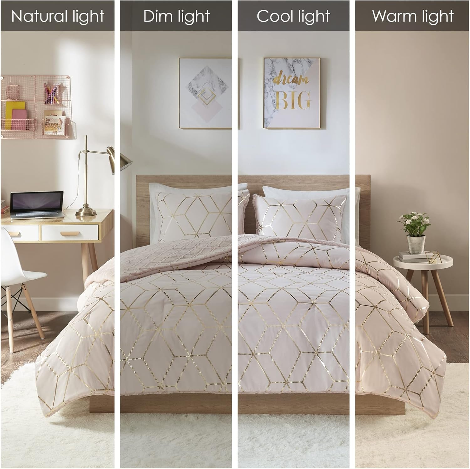 Ainsley Comforter Set-Geometric Metallic Print to Faux Fur Reverse Trendy All Season Hypoallergenic Bedding, Matching Sham, King, Blush 3 Piece (ID10-1763)